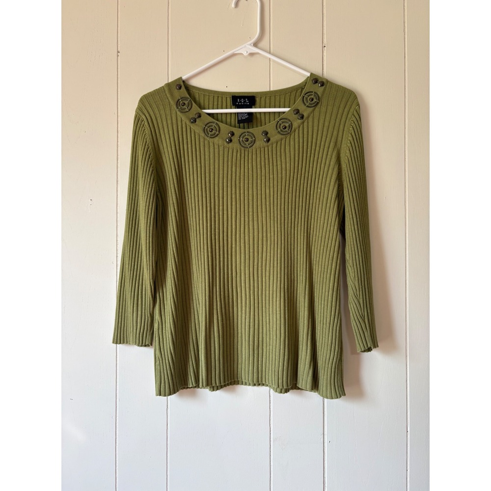 RQT Petite Olive Green Ribbed Knit Embellished Scoop Neck Sweater Top PL